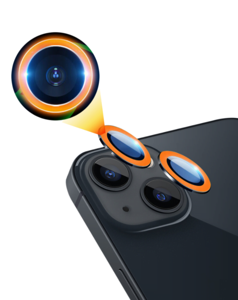 iPhone 13 / 13 Mini Glow in The Dark Camera Lens w/HD Tempered Glass (ORANGE)