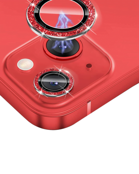 iPhone 13 / 13 Mini Glitter Diamond Camera Lens w/HD Tempered Glass (RED)