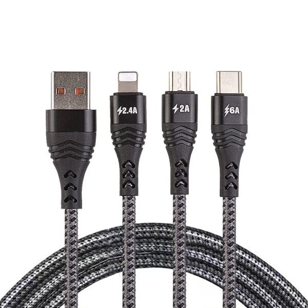3 in 1 USB Fast Charging Data Cable - Black (1.2M)